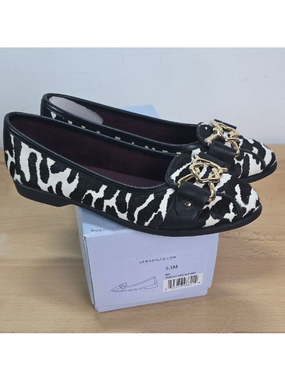 Aerosoles Black and White Zebra-Print Ballet Flats with Gold Accent Size 5.5